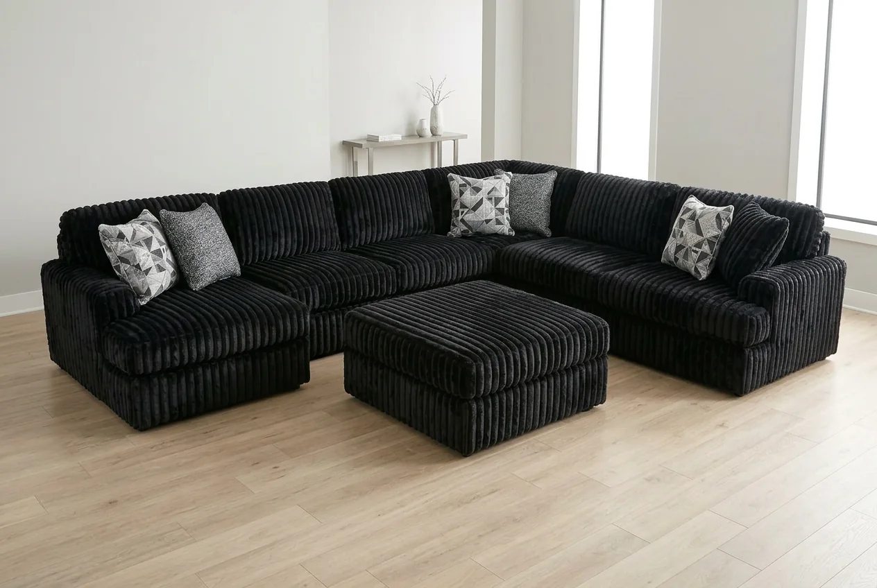 Cloud Sectional in plush black channel, styled in a Sacramento living room with open kitchen