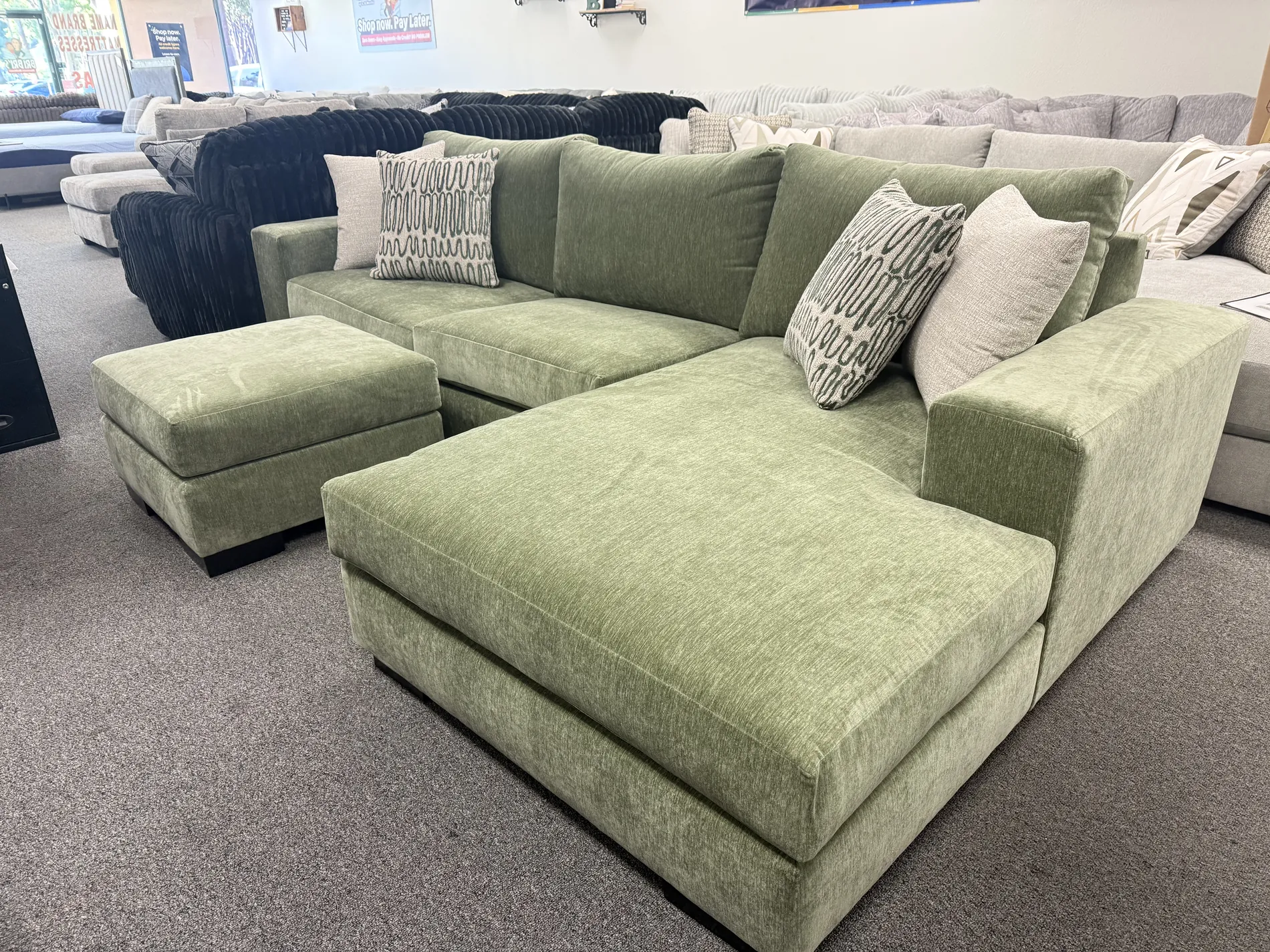 Custom olive green plush sectional with chaise