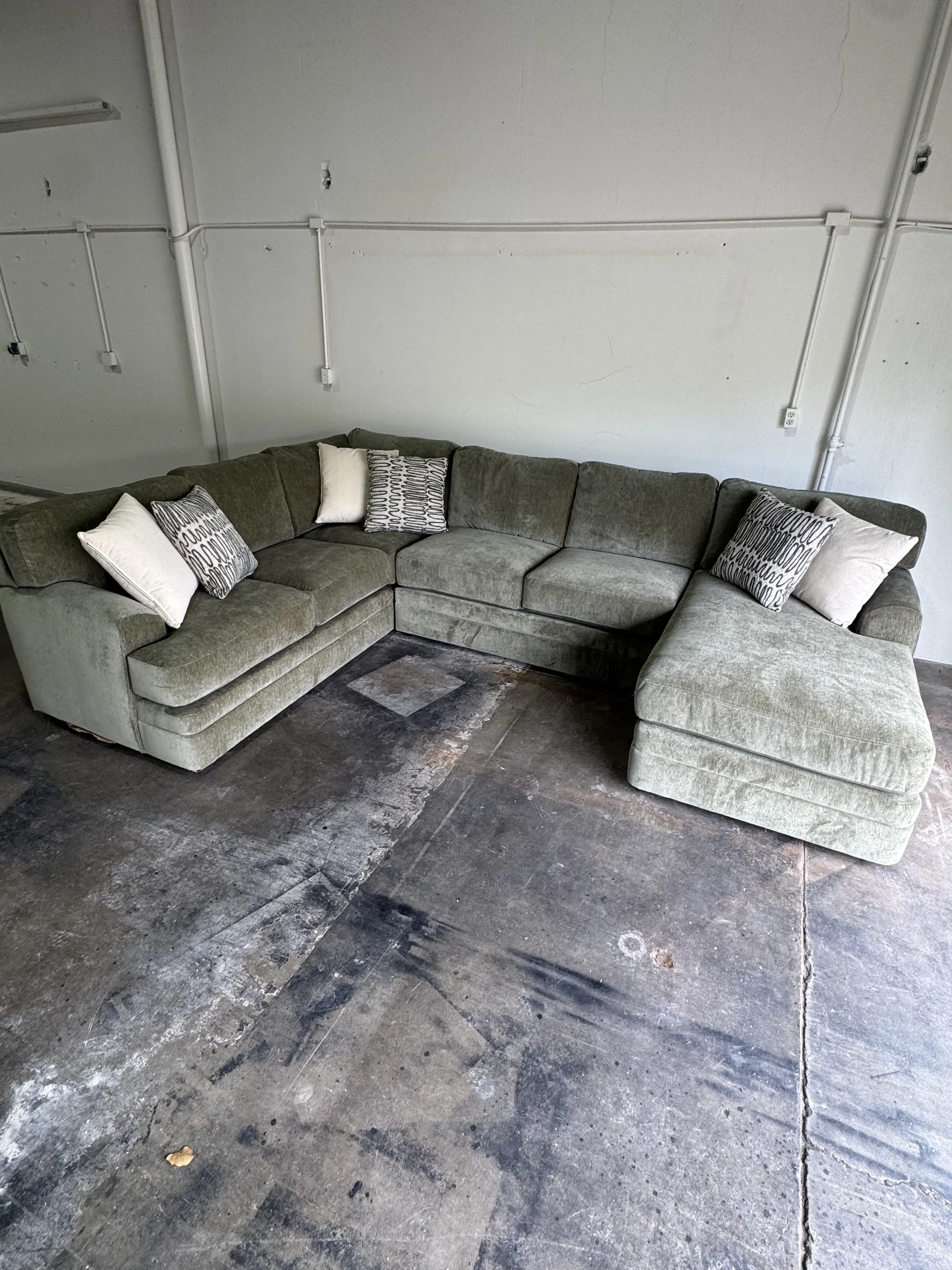 Custom sage green plush sectional with chaise